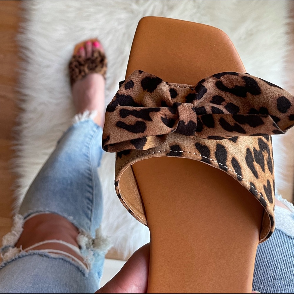 Leopard Bow Square Toe Slide Sandals